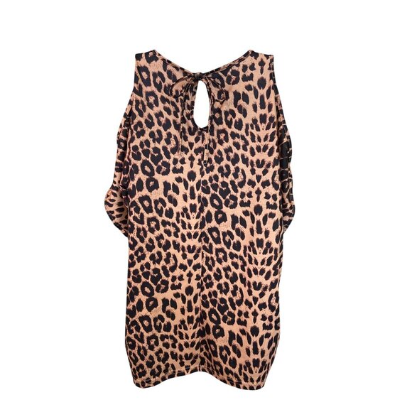 Womens Tunic Top L Brown Black Cold Shoulder Leopard Print Mob Wife Y2K - Picture 2 of 7